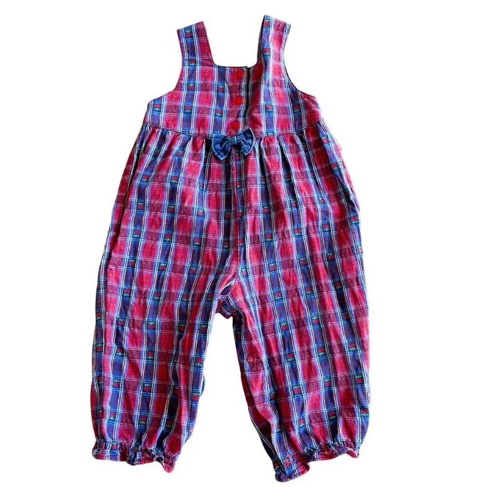 VINTAGE RARE 1980s/90s OshKosh B'gosh Baby Toddler Blue Red Apple Plaid Romper